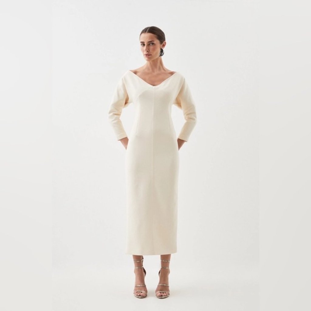 Nwt Karen Millen Compact Stretch Off Shoulder Rounded Sleeve Midi Dress